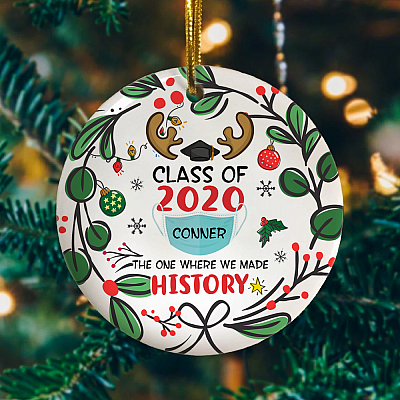 Alternative view of Personalized Class of 2020 Where We Made History Funny Quarantine Graduation Gift Holiday Flat Circle Ornament Keepsake
