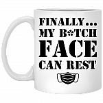 Finally My Bitch Face Can Rest Funny Mask Ceramic Coffee Mug - Beer Stein - Water Bottle, White, 11 oz. White Mug