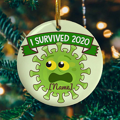 Alternative view of Personalized I Survived 2020 Quarantined Circle Ornament - Holiday Pandemic Lockdown Gift