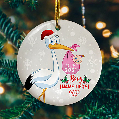 Alternative view of Personalized We're Expecting New Baby Due 2021 Circle Ornament - Christmas Pregnancy Announcement Gift