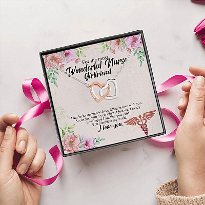 For The Most Wonderful Nurse Girlfriend You Complete My World I Love You Interlocking Hearts Pendant Necklace