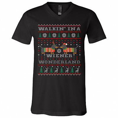 Walking In A Wiener Wonderland Dachshunds T-shirts V-neck Tee Youth Tee, Black, V-Neck T-Shirt