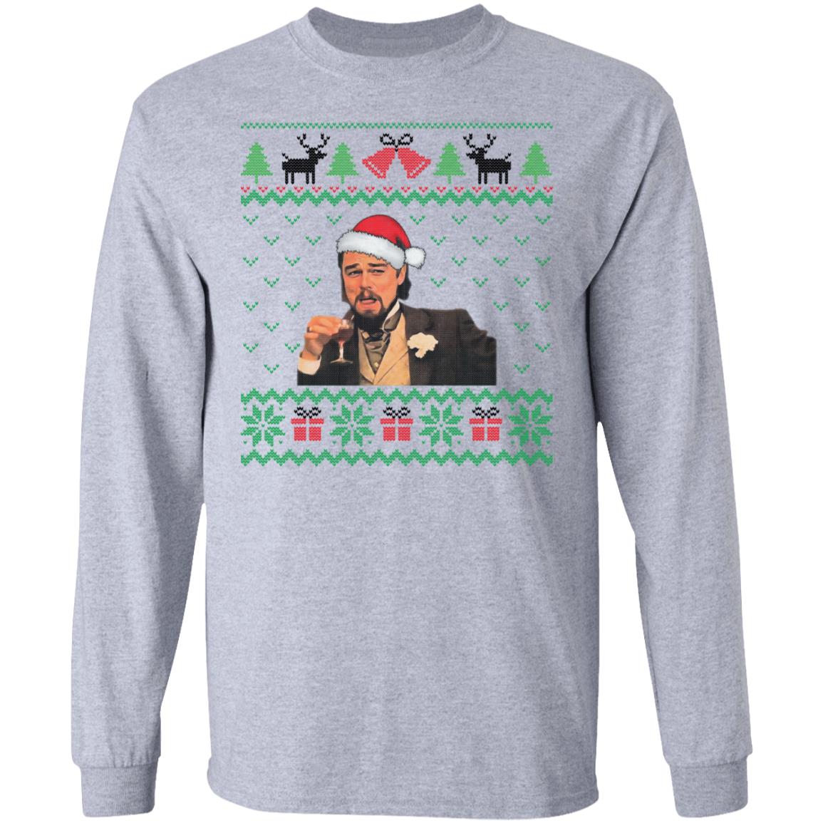 Leonardo DiCaprio Wearing Santa Claus Hat Funny Ugly Christmas Hoodie - Sweatshirt - Long Sleeve Shirt, Sport Grey, Long Sleeve Leonardo DiCaprio Wearing Santa Claus Hat Funny Ugly Christmas Hoodie - Sweatshirt - Long Sleeve Shirt, Sport Grey, Long Sleeve