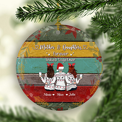 Alternative view of Personalized For Three Mother and Daughters Forever Linked Together Christmas Holiday Flat Circle Ornament