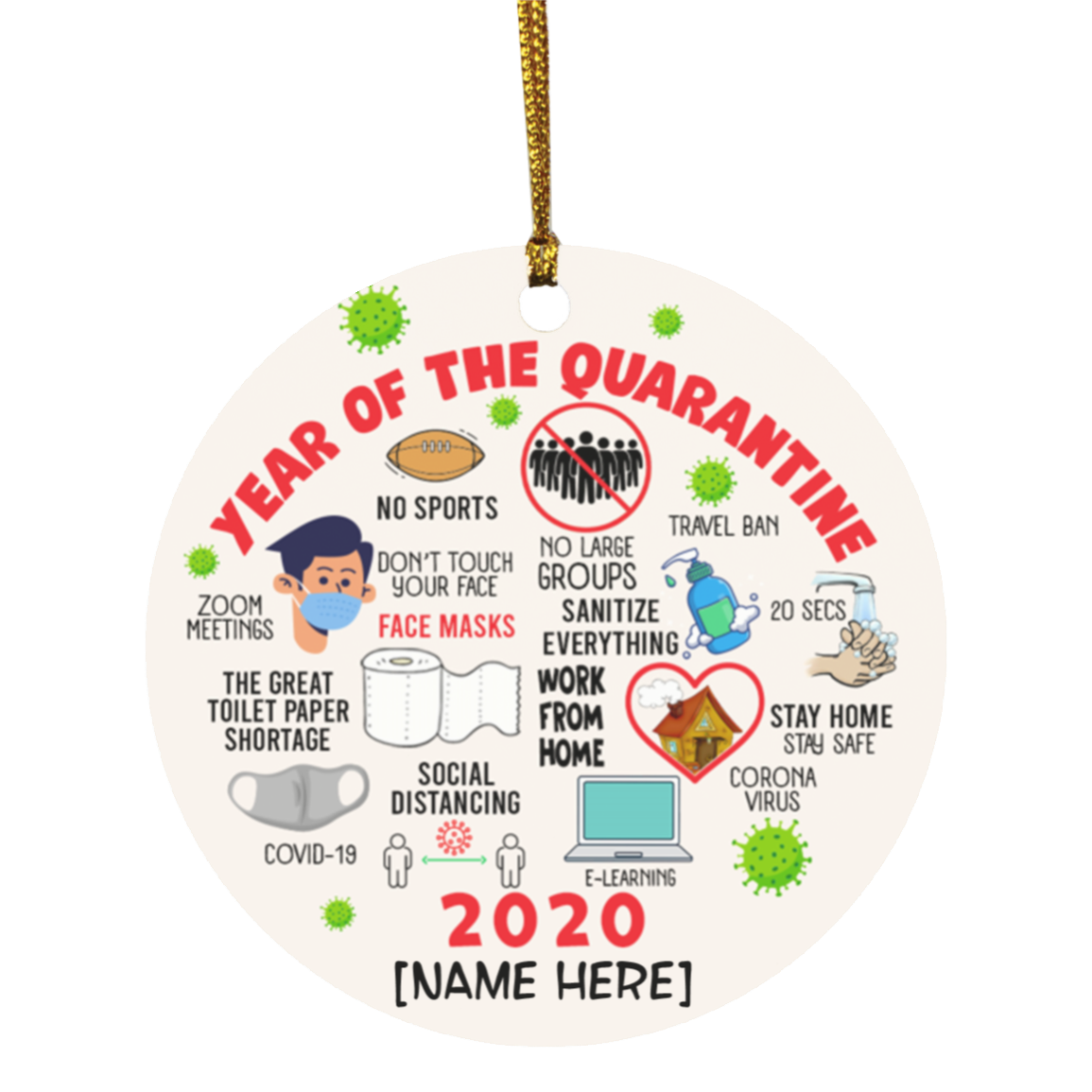 Personalized 2020 Year of Quarantine Funny Pandemic Christmas Holiday Flat Circle Ornament Keepsake, White, Circle Ornament