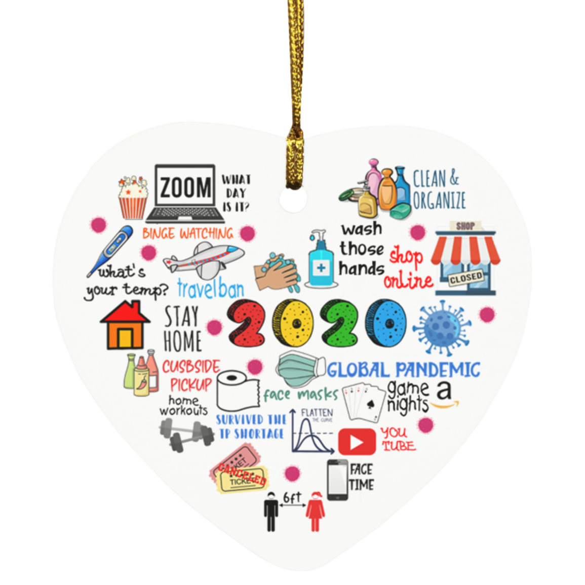Pandemic 2020 Quarantine Christmas Annual Events Memorial 2020 Holiday Decoration Heart Ornament, White, Heart Ornament