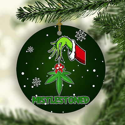 Alternative view of Mistlestoned Green Hand Weed Christmas Gift Marijuana Holiday Flat Circle Ornament - Holiday Decoration Gift