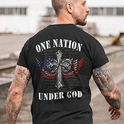 Alternative view of One Nation Under God T-Shirt - Jesus Cross T-shirt - Jesus Christ Shirt - American Flag Print On Back T-Shirt