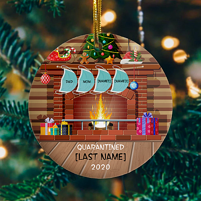 Alternative view of Personalized Fireplace With Family Quarantine Pandemic Christmas Holiday Flat Circle Ornament Keepsake