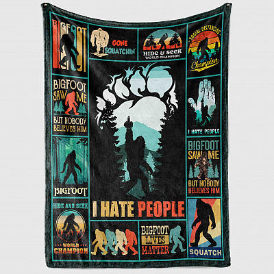 Alternative view of I Hate People Bigfoot With Middle Finger Fleece Blanket - Sasquatch Lover Premium Mink Sherpa Blanket