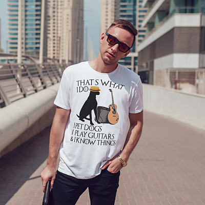 Alternative view of That's What I Do I Pet Dogs I PLay Guitars And I Know Things Funny Dog Lover Guitarist T-shirt - V-neck