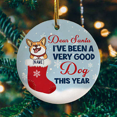 Alternative view of Personalized Dear Santa I've Been A Very Good Dog This Year Circle Ornament - Keepsake Funny Corgi Christmas Ornament