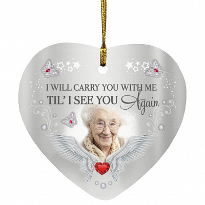 Personalized Photo I Will Carry You With Me, White, Heart Ornament