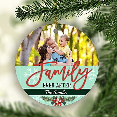 Alternative view of Personalized Photo Family Ever After Custom Your Family's Name Christmas Circle Ornament Keepsake