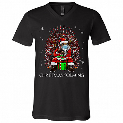 Santa Christmas Is Coming T-shirt - V-neck, Black, V-Neck T-Shirt