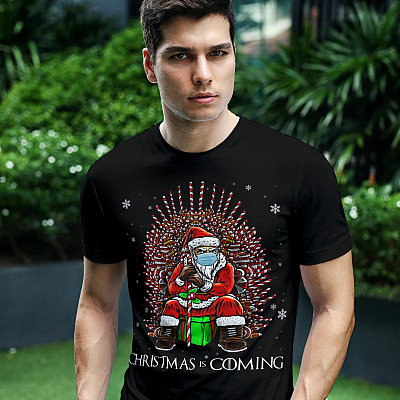Alternative view of Santa Christmas Is Coming Santa Candy Cane Funny Throne Quarantine Christmas 2020 T-shirt - V-neck