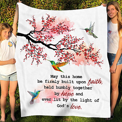 Alternative view of May This Home Built Upon Faith Held By Hope Lit By God's Love Mink Blanket – Hummingbirds Christian Woven Blanket
