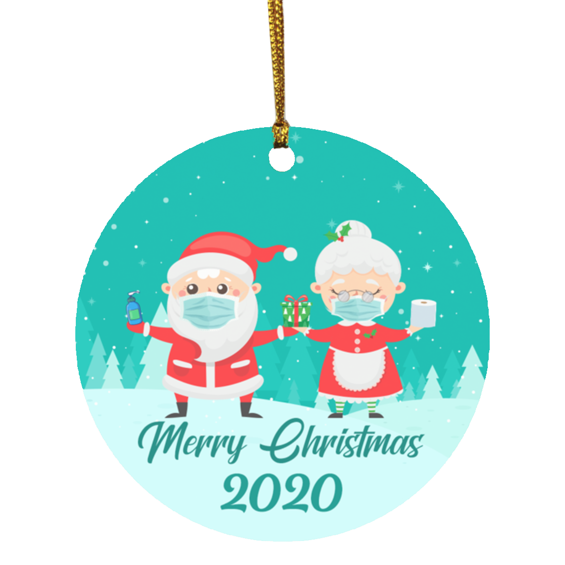 Mrs and Mr Claus Co-Vid19 6 Feet Apart Christmas Ornament 2020 - Holiday Flat Circle Ornament, White, Circle Ornament