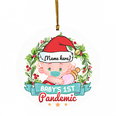 Personalized Cute Baby First Pandemic Wearing Mask 2020 Quarantine Christmas Ornament with Names, White, Circle Ornament