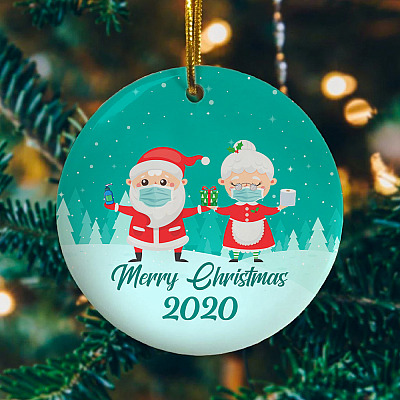 Alternative view of Mrs and Mr Claus Co-Vid19 6 Feet Apart Christmas Ornament 2020 - Holiday Flat Circle Ornament