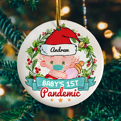 Alternative view of Personalized Cute Baby First Pandemic Wearing Mask 2020 Quarantine Christmas Ornament with Names