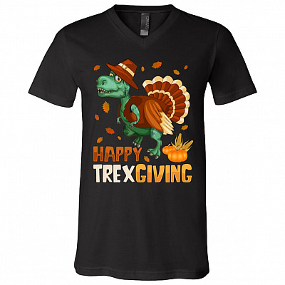 Happy Thanksgiving T Rex Shirt, Black, V-Neck T-Shirt