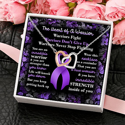 Pancreatic Cancer Awareness Interlocking Hearts Pendant Necklace - Purple Ribbon Cancer Survivor Jewelry