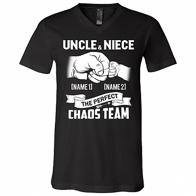 Personalized Uncle And Niece The Perfect Chaos Team Punching Hand Best Uncle Ever T-Shirt - V-Neck Tee, Black, V-Neck T-Shirt
