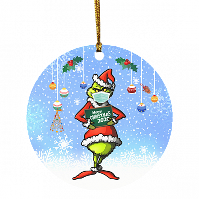 Merry Christmas 2020 Holiday Ornament - Santa Green Character Wearing Ma-sk Christmas Ornament - Xmas Gifts, White, Circle Ornament