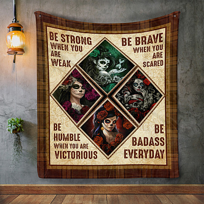 Alternative view of Be Strong Be Brave Be Humble Be Badass Skull Tattoo Girl Fleece Blanket - Mink Sherpa Blanket - Woven Blanket