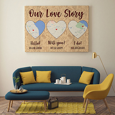Alternative view of Personalized Photo Our Love Story Journal Map Hearts Anniversary 5 Year Gift Framed Canvas - Unframed Poster