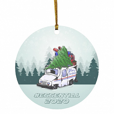 7O. Mail Truck, White, Circle Ornament