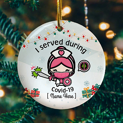 Alternative view of Personalized I Served During Covid-19 Funny Nurse Wearing Mask Circle Christmas Tree Ornament Keepsake