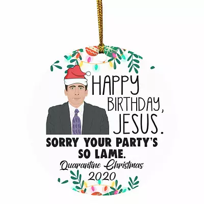 2VT. Michael Scott Happy Birthday Jesus, White, Circle Ornament