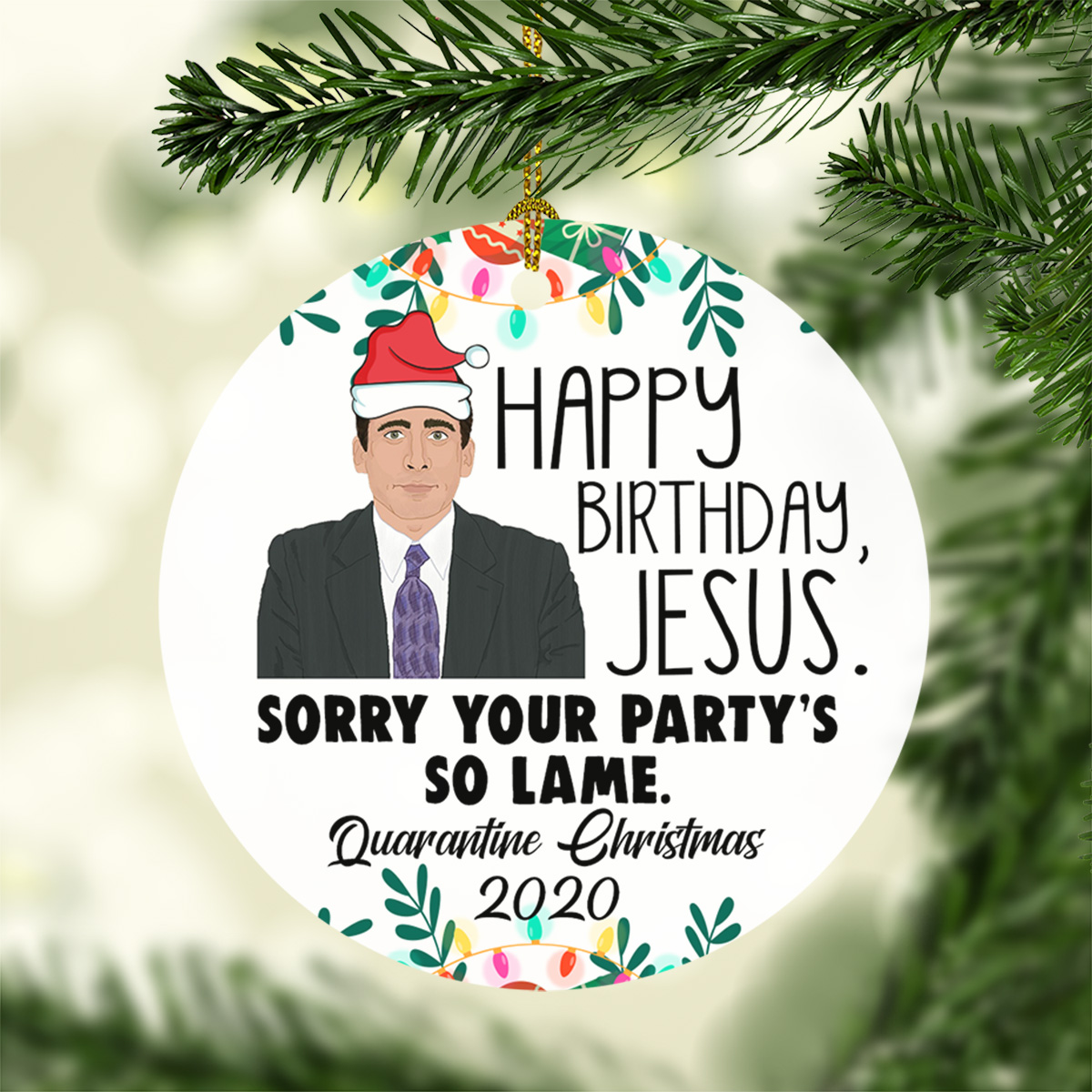 2VT. Michael Scott Happy Birthday Jesus ornament mockup2