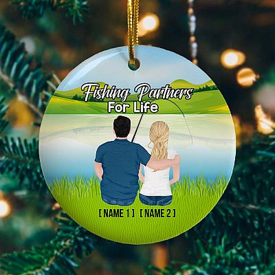 Alternative view of Personalized Fishing Partner For Life Decorative Christmas Ornament - Holiday Flat Circle Ornament