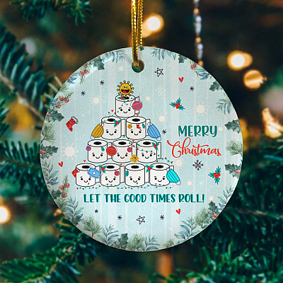 Alternative view of Merry Christmas Let the Good Times Roll Toilet Paper Christmas Tree Ornament - Holiday Flat Circle Ornament