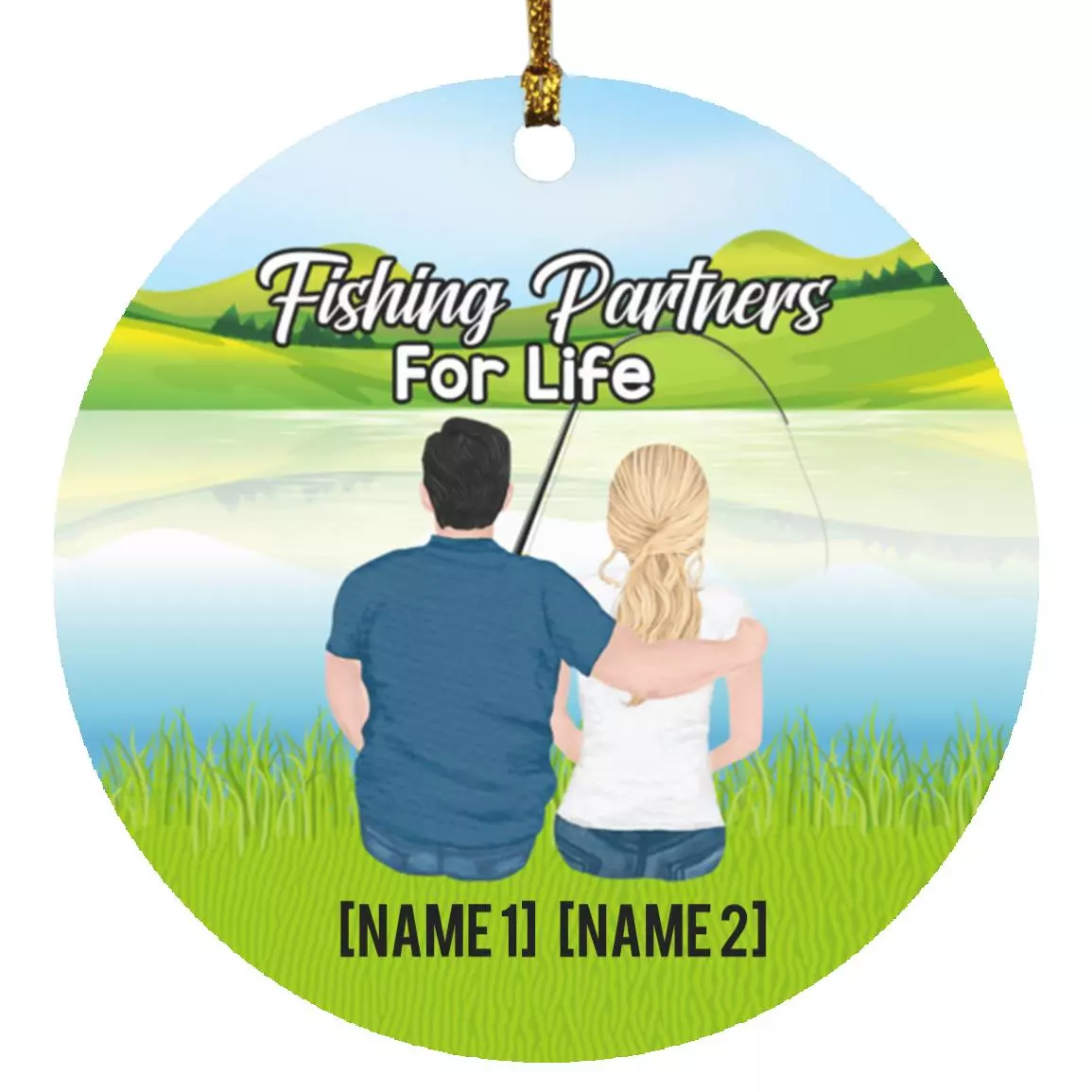 5UT. Fishing Couple(5)-customized, White, Circle Ornament