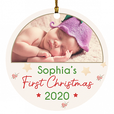 Personalized Custom Photo Baby's First Christmas Holiday Circle Ornament With Photo Of Baby And Name, White, Circle Ornament