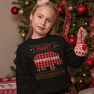 Alternative view of I Want A Hippopotamus For Christmas Ugly Youth Hoodie - Sweatshirt - Long Sleeve Shirt - Hippo Lover Sweatshirt