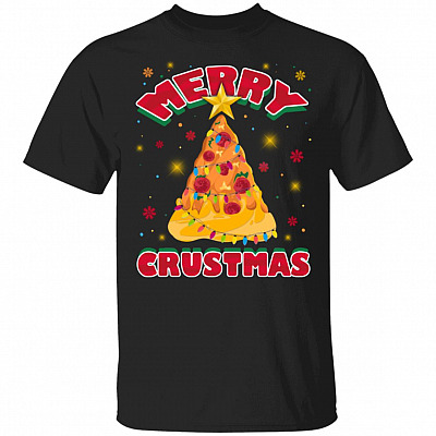 Merry Crustmas Pizza Christmas Tree T-Shirt - Youth Shirt - Funny Xmas Pizza Gifts Shirt, Black, Unisex T-Shirt