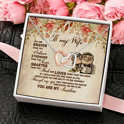 To My Wife You Are Braver Than You Believe Stronger Than You Seem Joined Interlocking Hearts Pendant Necklace
