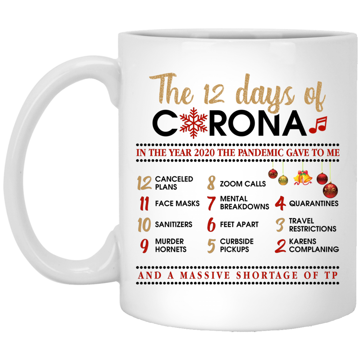 The 12 Days Of Corona In The Year 2020 The Pandemic Gave To Me Quarantine Christmas Holiday Ceramic Coffee Mug, White, 11 oz. White Mug