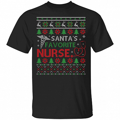 Santa's Favorite Nurse Ugly Christmas T-Shirt - Funny Christmas Gifts Shirt for Nurse, Black, Unisex T-Shirt