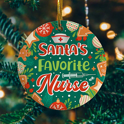 Santa's Favorite Nurse Decorative Christmas Ornament Keepsake - Holiday Flat Circle Ornament