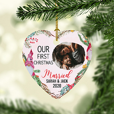 Alternative view of Personalized Photo Couple Gift Our First Christmas Married Ornament Flat Heart - Holiday Decoration Gift