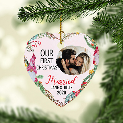 Personalized Photo Couple Gift Our First Christmas Married Ornament Flat Heart - Holiday Decoration Gift