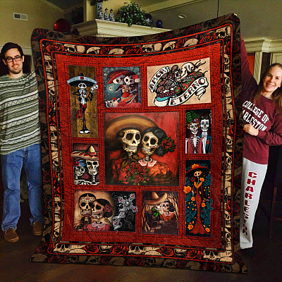 Alternative view of Sugar Skull Couple Fleece Blanket – Mink Sherpa Blanket – Woven Blanket - Day Of The Dead Blanket