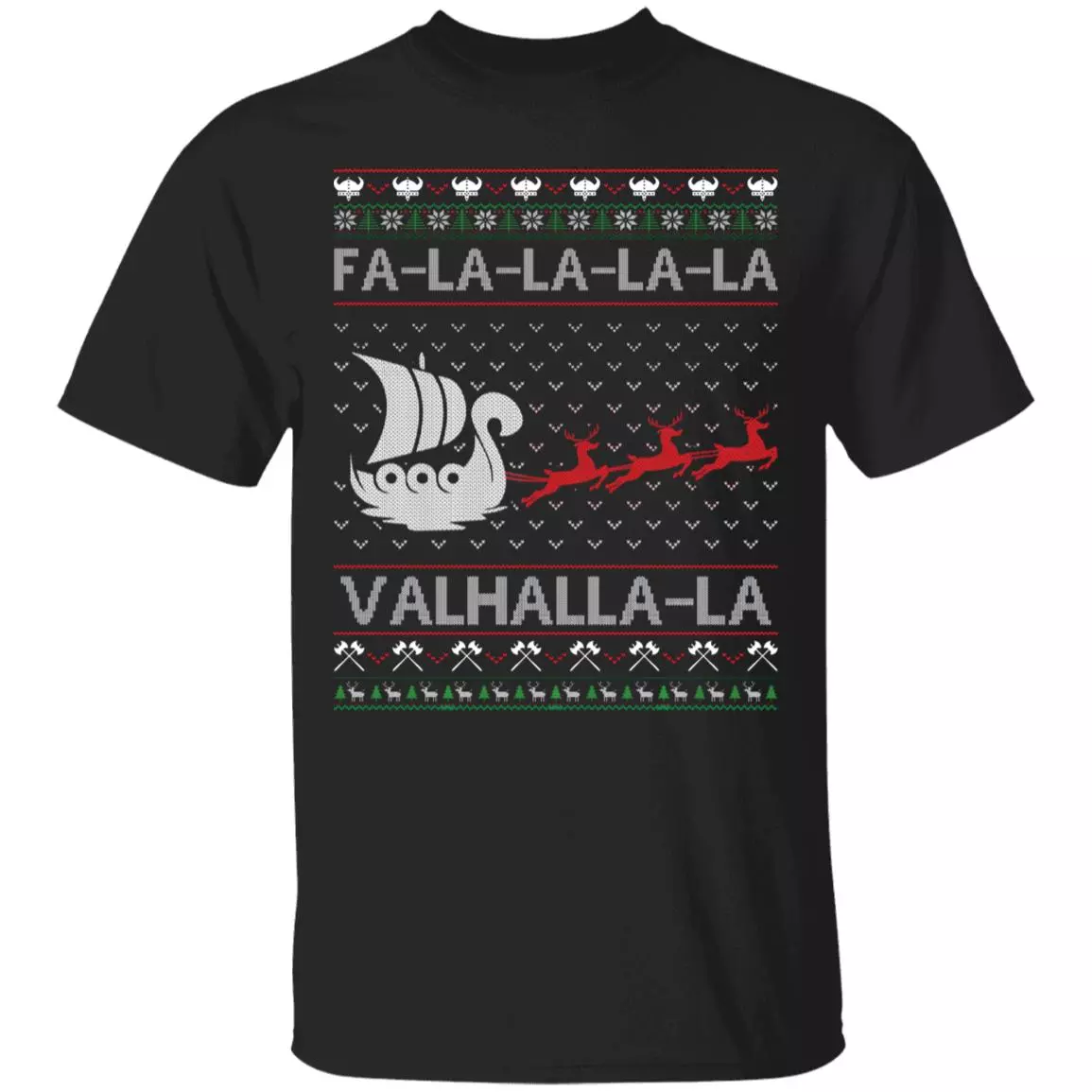 Fa La La Valhalla Viking Ship Ugly Christmas T-Shirt - Viking Funny Christmas Shirt, Black, Unisex T-Shirt