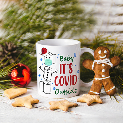 Alternative view of Funny Paper Snowman Saying Baby It's Co-vi-d Outside Meme Mug Cup - Fun Quarantine Christmas 2020 Meme Mug